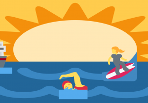 Statek, pływak i surfer na tle zachodzącego słońca